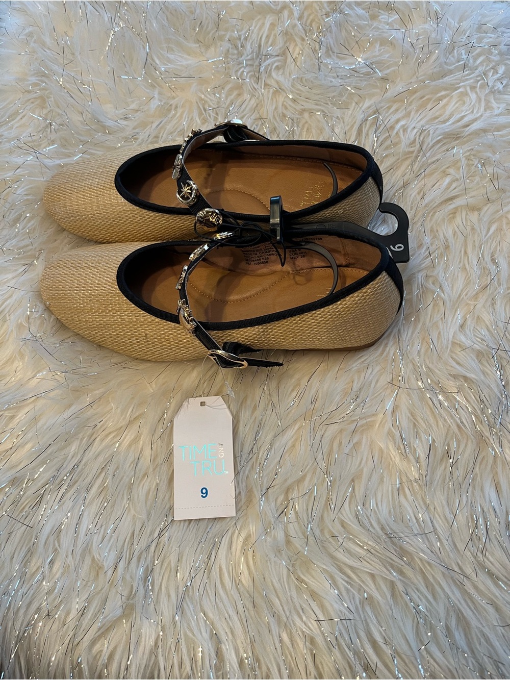 Time and Tru Beige Raffia Mary Jane Flats with Black Trim and Buckle Accent